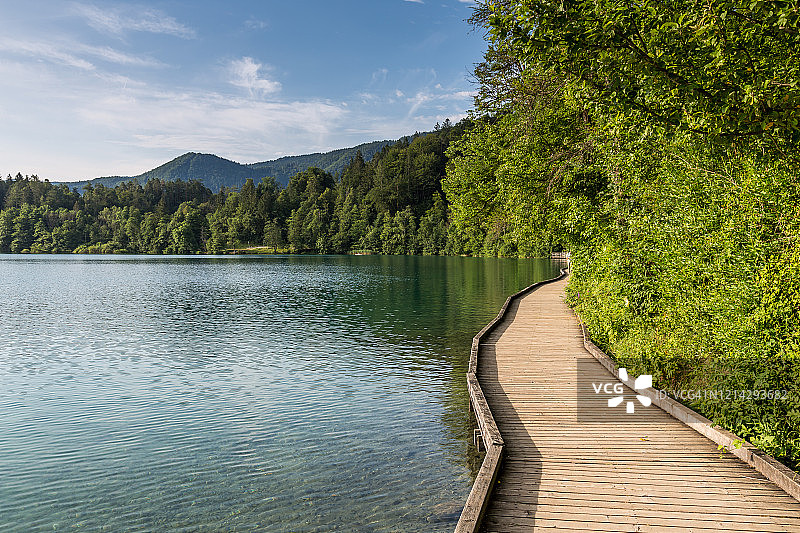 布莱德湖周围的木板路图片素材