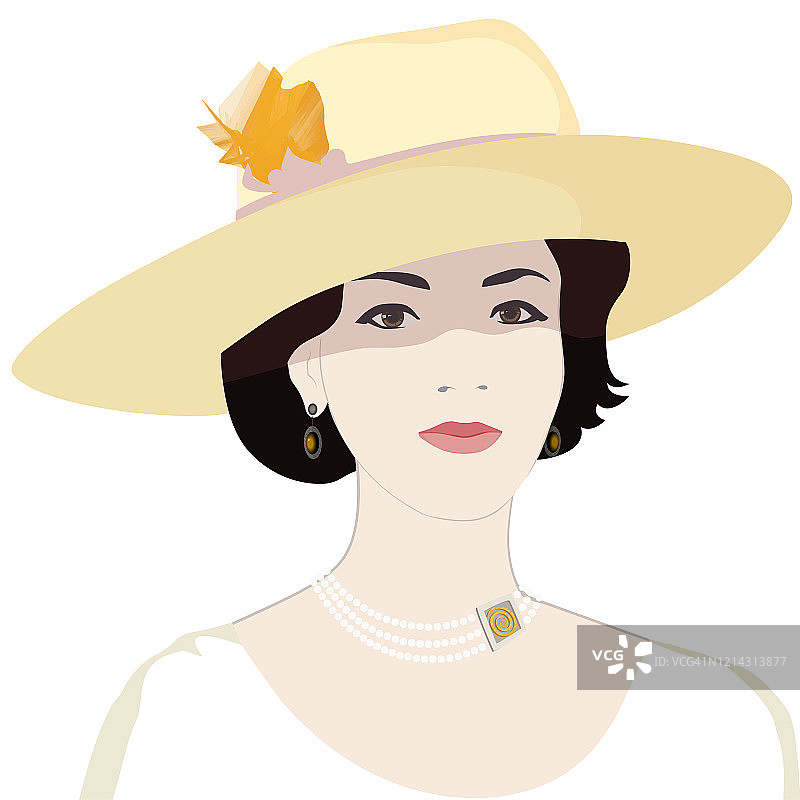 戴珍珠项链宽边帽的中年妇女复古肖像图片素材