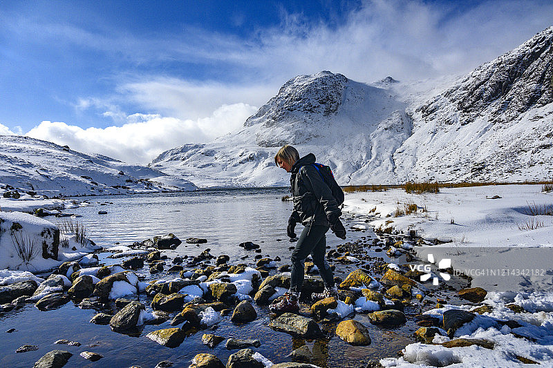 徒步者在雪地中行走，背景是兰加代派克斯的景色图片素材