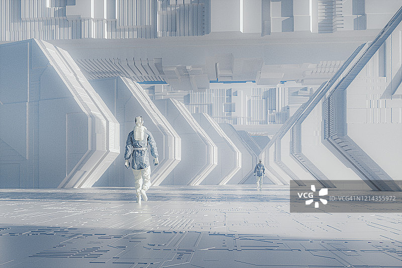 穿着防护服的男人们走在未来城市图片素材