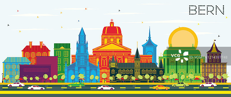 瑞士伯尔尼城市天际线与彩色建筑和蓝天图片素材