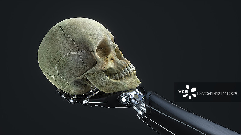 机器人拿着人类头骨图片素材