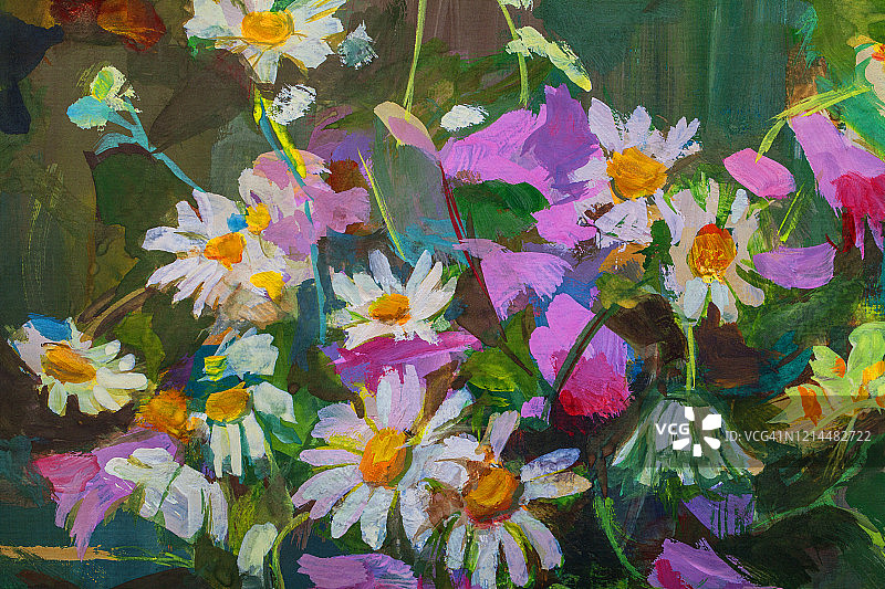 时尚春季野花印象派油画插画：白色雏菊与粉色铃铛图片素材