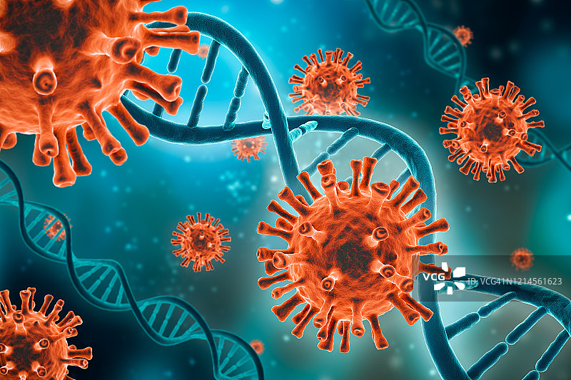 蓝绿色背景上的红色病毒细胞和DNA链显微图像3D渲染图图片素材