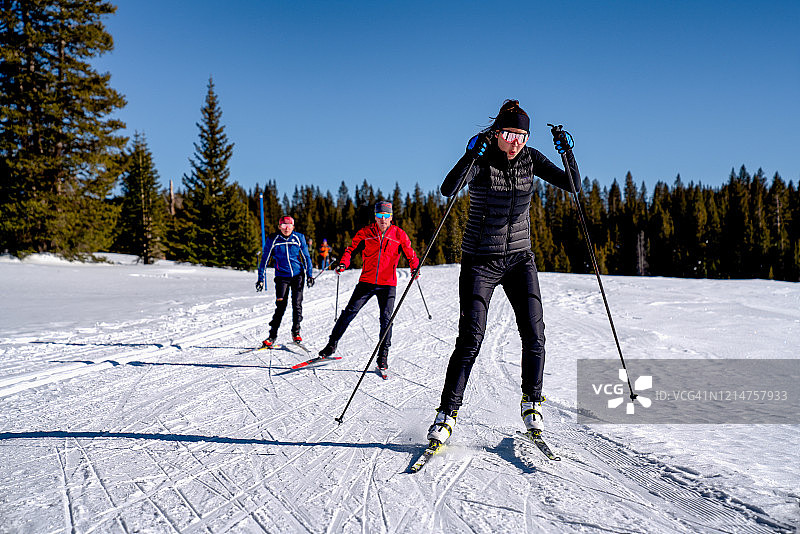 一群越野滑雪者享受阳光明媚的滑雪日图片素材