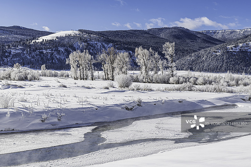 冬季怀俄明州黄石国家公园拉马尔河谷的拉马尔河，地面覆盖着积雪图片素材