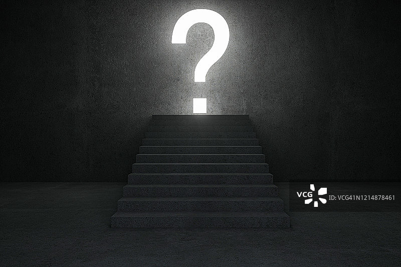 楼梯顶部的问号，3D渲染图片素材