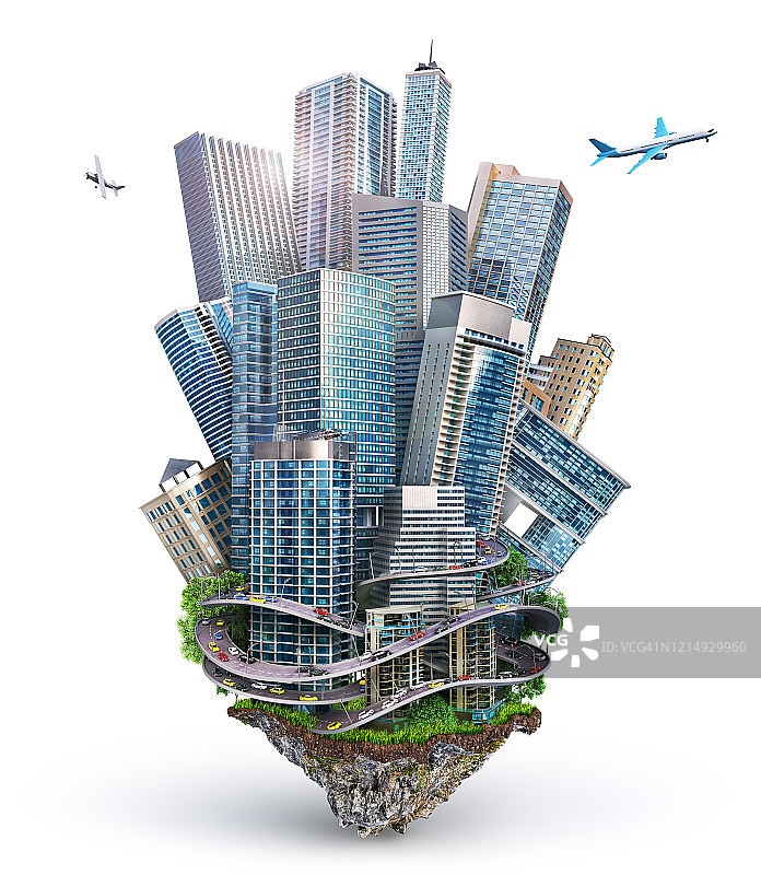 岛屿上的摩天大楼3D图图片素材