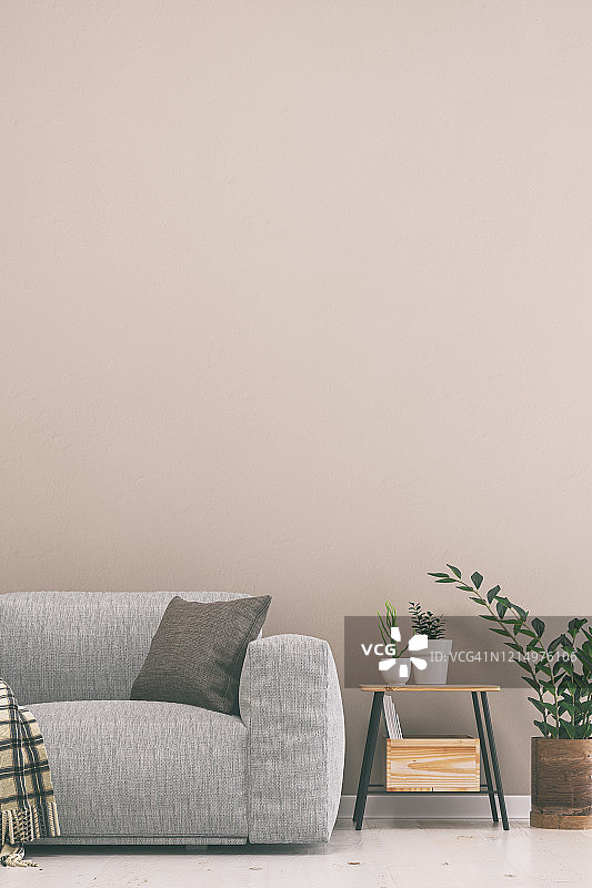 带灰色沙发、桌子和装饰的空客厅图片素材