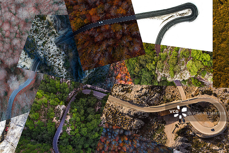 拼贴：不同天气条件下的道路航拍图片素材