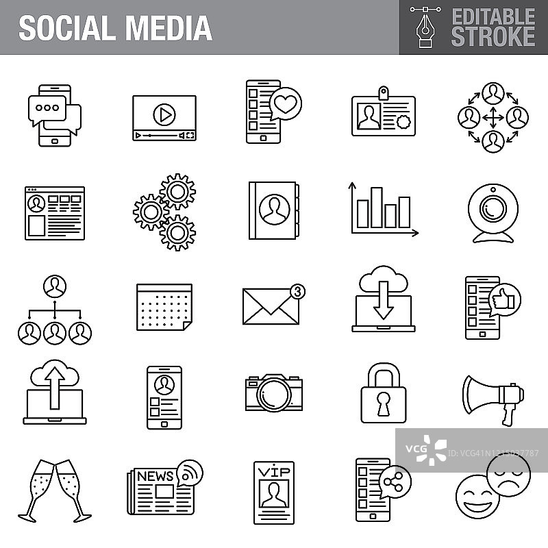 社交媒体可编辑描边图标集图片素材