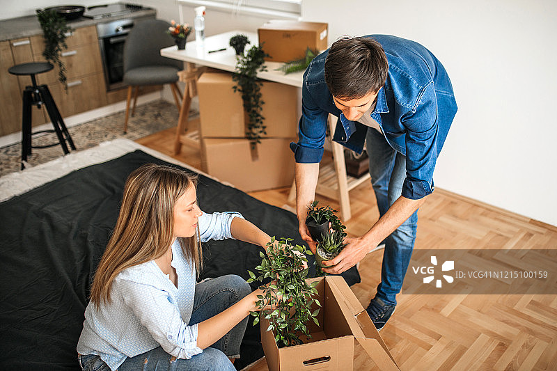 快乐的夫妇从纸箱中取出鲜花盆栽图片素材