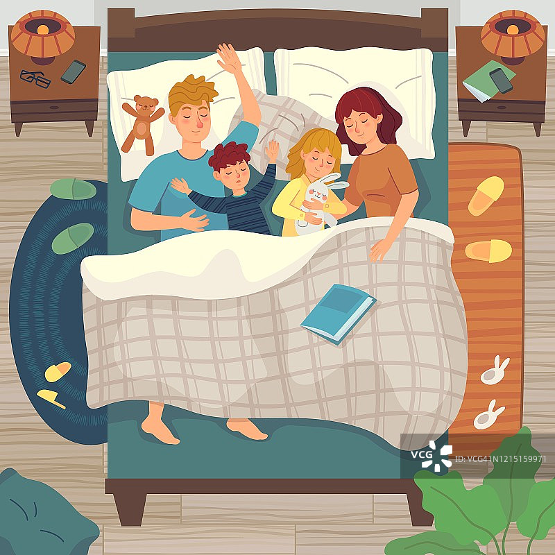 儿童在父母床上睡觉。与孩子同睡。爸爸、妈妈和孩子们一起睡觉，熟睡的男孩和女孩矢量插画图片素材