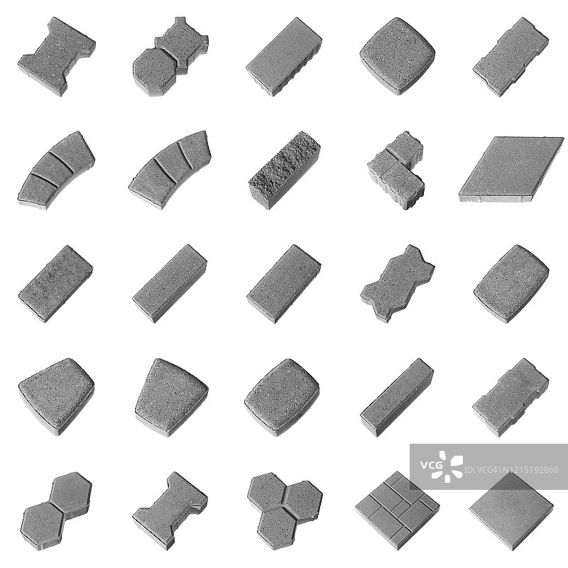 不同形状的混凝土路面石块，白色背景隔离，俯视图图片素材