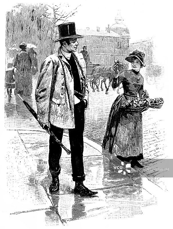 街头卖花女与英俊男子相遇图片素材