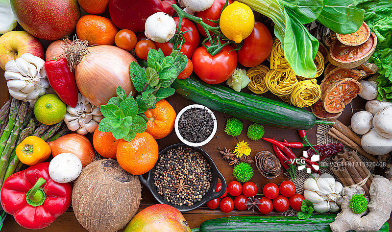 各色蔬菜组合：番茄、鸡蛋、大蒜、柠檬、生菜等健康食材图片素材