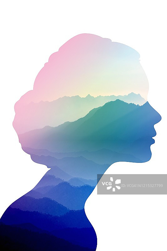 抽象薄雾山脉女性头像彩色壁纸数字艺术渐变粉彩戏剧背景图片素材