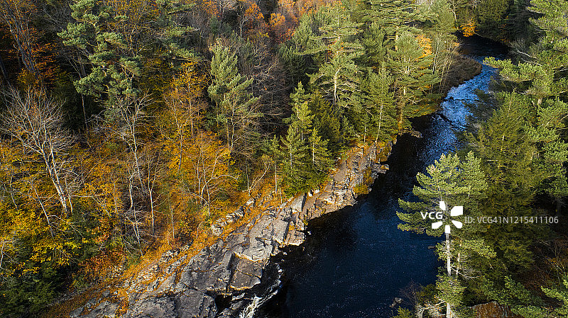 秋季森林中的河流，美国宾夕法尼亚州波科诺图片素材