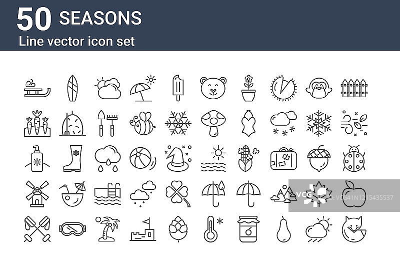 50个季节图标集：狐狸、滑雪杖、风车、防晒霜、胡萝卜、冲浪板、太阳等细线轮廓图标图片素材