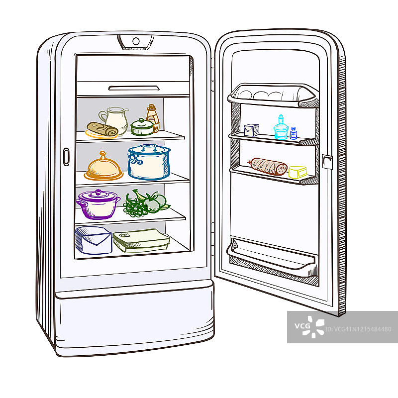 带食品杂货的复古冰箱速写插图图片素材