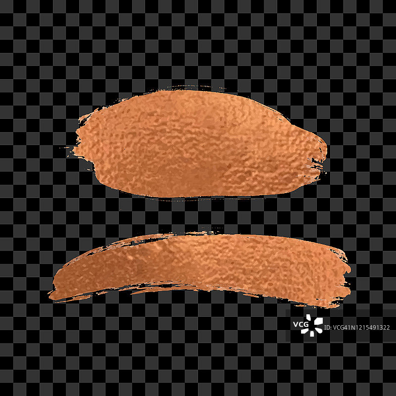 铜箔笔触剪贴画合集。一组单独隔离和分组的青铜颜料斑点。青铜墨水补丁集。用于贺卡和标签的金属青铜纹理设计元素，抽象背景。图片素材