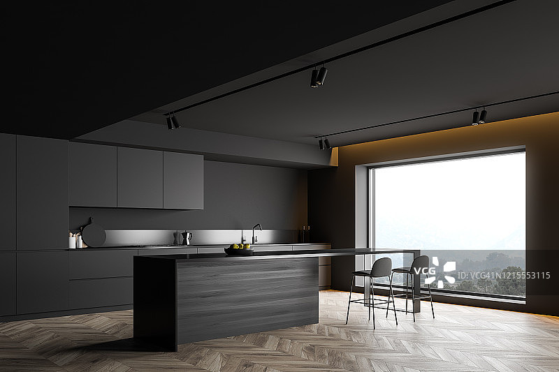 带吧台的深灰色厨房角落图片素材
