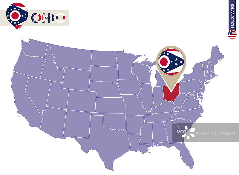 美国地图上的俄亥俄州。俄亥俄州旗帜和地图图片素材