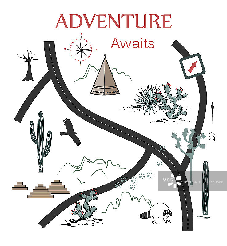 道路、山脉和仙人掌探险地图，含美洲原住民部落元素的印刷或海报设计，矢量插画图片素材
