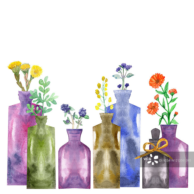 水彩手绘自然水疗花卉构图 紫蓝绿瓶草本花卉图片素材