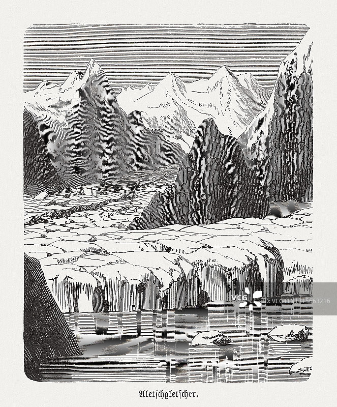 瑞士伯尔尼兹阿尔卑斯山的阿莱奇冰川木刻版画（1893年）图片素材