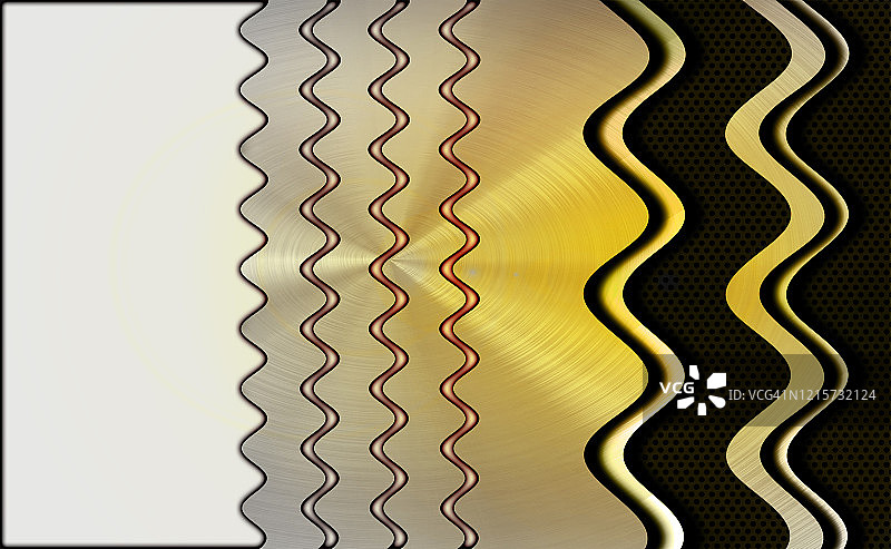 金色和银色渐变科技背景，装饰透明圆圈、曲线和黑色金属格栅未来金属科技背景图片素材