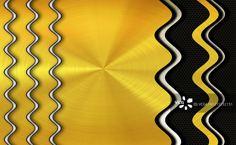 具有金属格栅的现代未来主义拉丝和雕刻黑色和金色金属曲线，未来科技背景图片素材