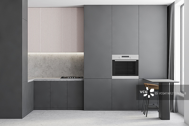 带吧台凳的现代灰色厨房内景图片素材