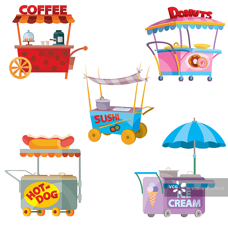 街头快餐车：热狗、寿司、咖啡、冰淇淋、炸玉米饼、甜甜圈和独立摊位图片素材