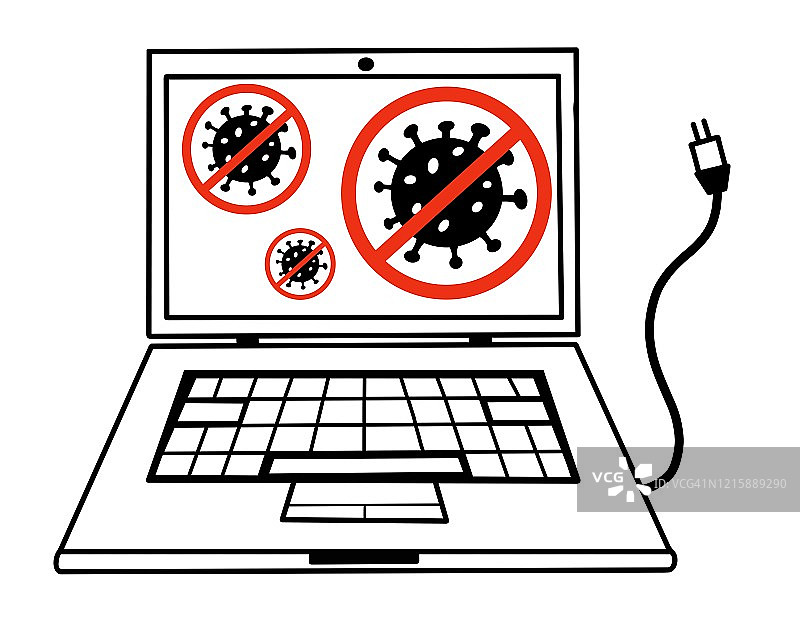 手绘带有2019新型冠状病毒的笔记本电脑插画图片素材