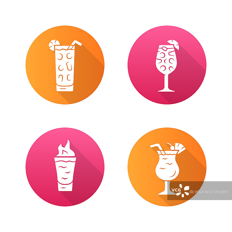 饮品扁平风格长阴影字形图标集：鸡尾酒、热托迪、飘香可乐达等酒精和软饮图片素材