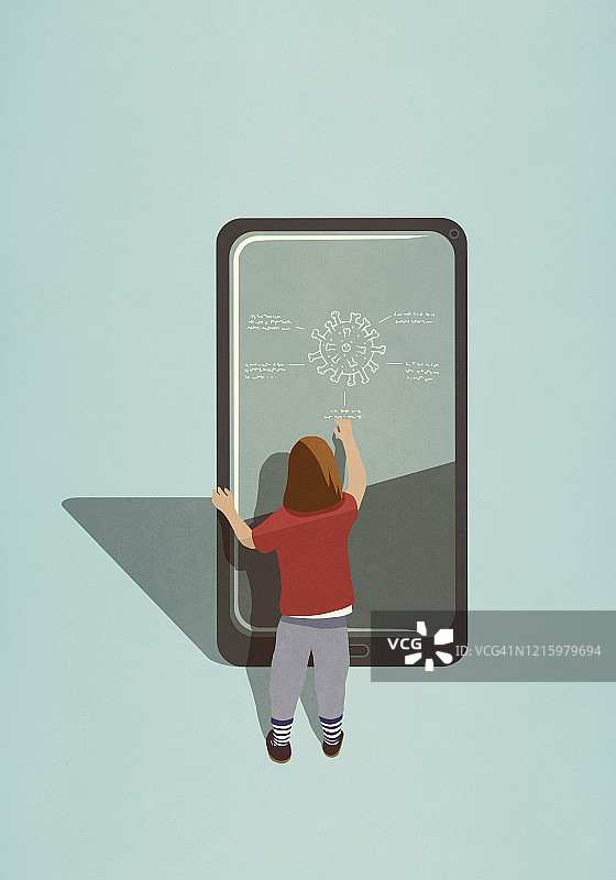 女孩在智能手机屏幕上分析新冠病毒图片素材