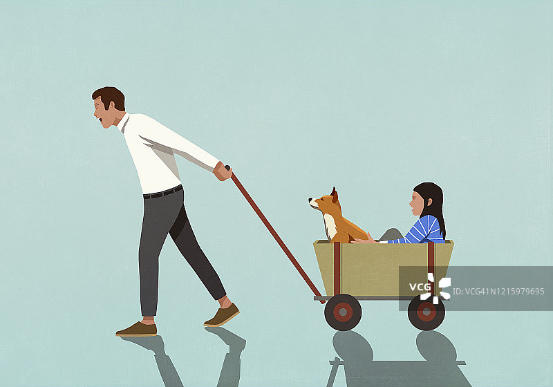 父亲拉着载有女儿和狗的货车图片素材