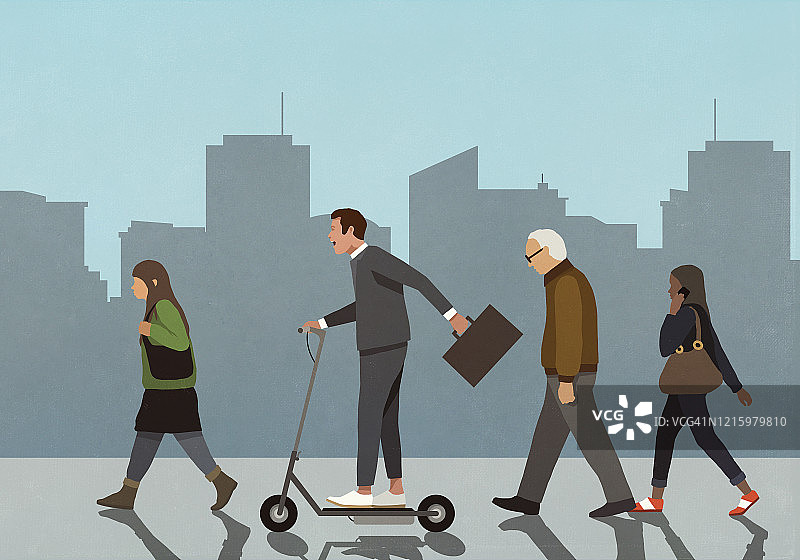 无忧无虑的商人在城市里骑电动滑板车图片素材