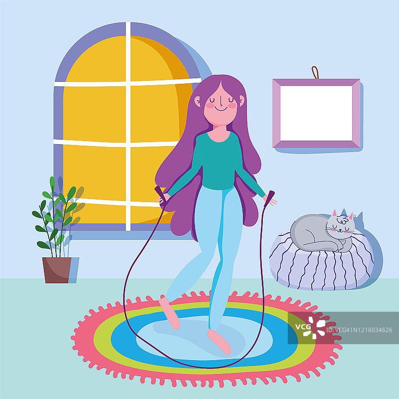 年轻女人在家跳绳运动图片素材