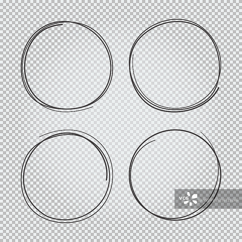 透明背景上手绘涂鸦圆圈4个，铅笔笔迹图片素材