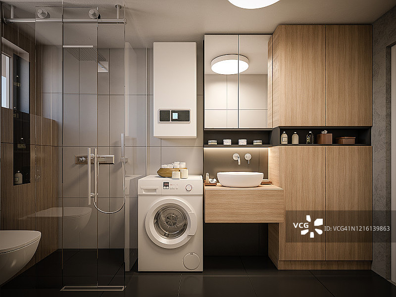 电脑生成的浴室图像：建筑可视化，3D渲染图片素材