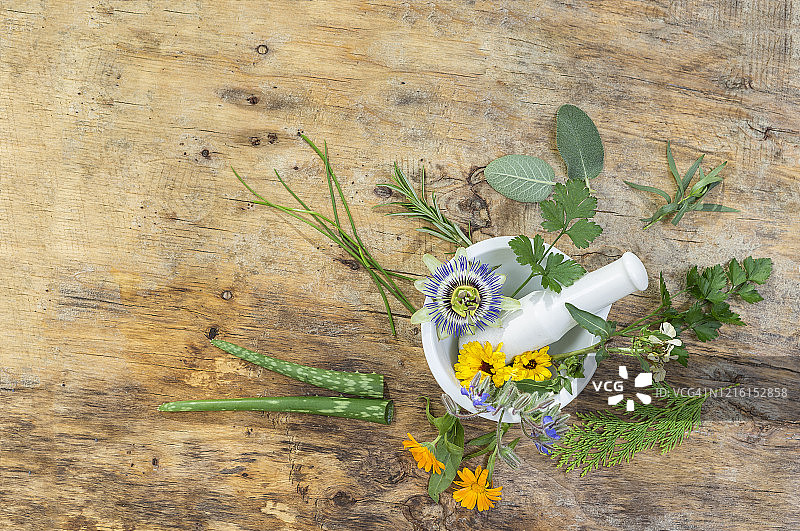百里香、牛至、紫鼠尾草、薄荷和迷迭香叶子精选,置于乡村橄榄木研钵中,木板背景图片素材