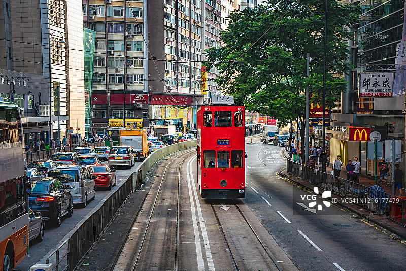 香港湾仔电车轨道上的街景图片素材