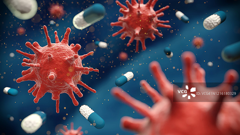 新冠病毒细胞周围的药物药丸图片素材