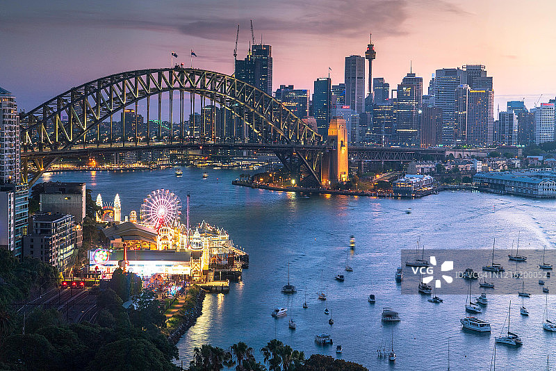 从悉尼北区看悉尼月神公园和海港大桥日落景观图片素材