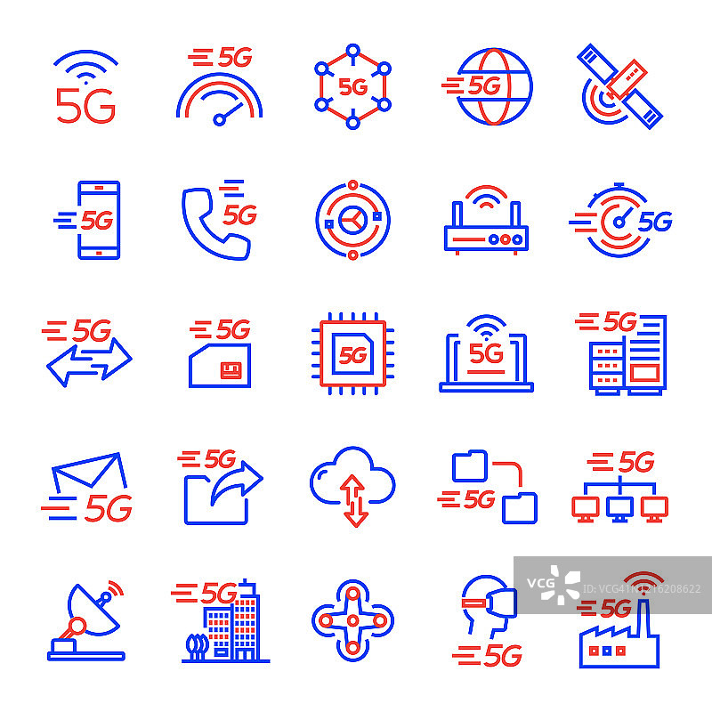 5G技术相关线性图标集，可编辑描边，简约轮廓图标图片素材