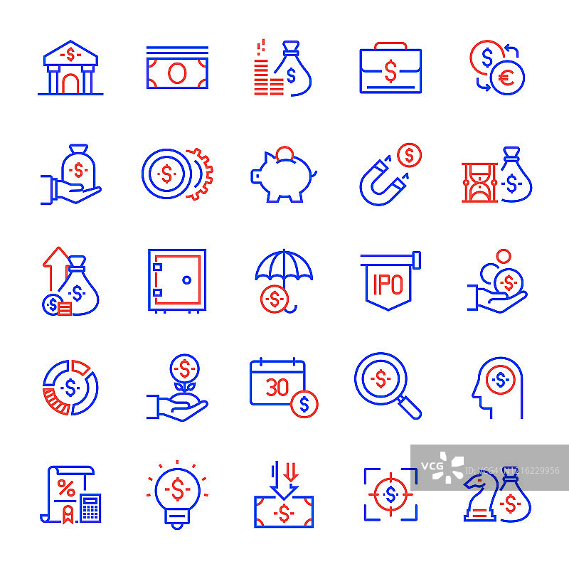 与金钱和金融相关的线性图标集，可编辑描边，简约轮廓图标图片素材