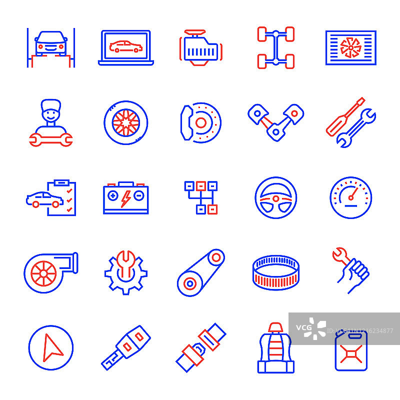 汽车服务与维护相关线性图标集：可编辑笔触，简单轮廓图标图片素材