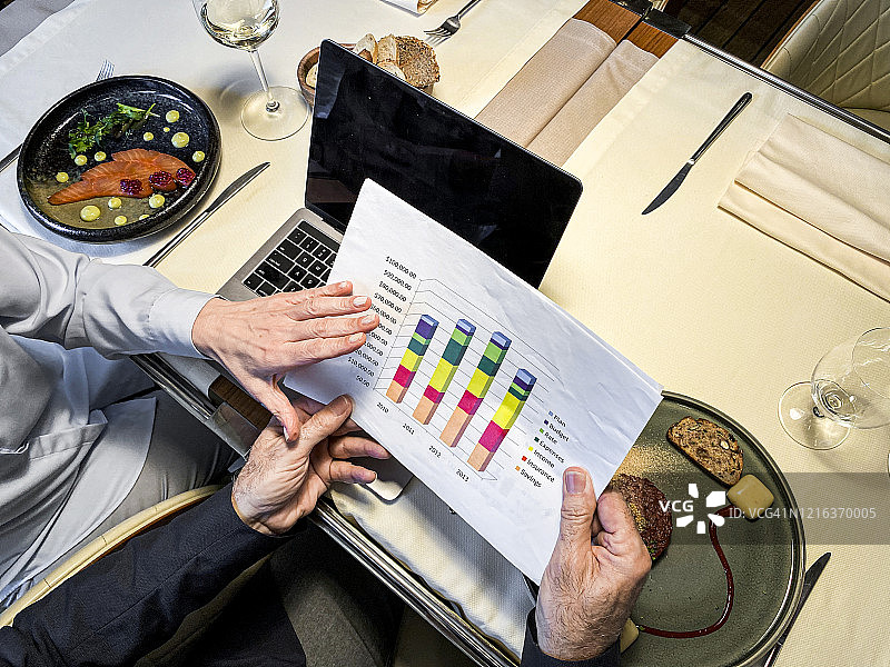 在餐厅用餐时分析财务图表图片素材